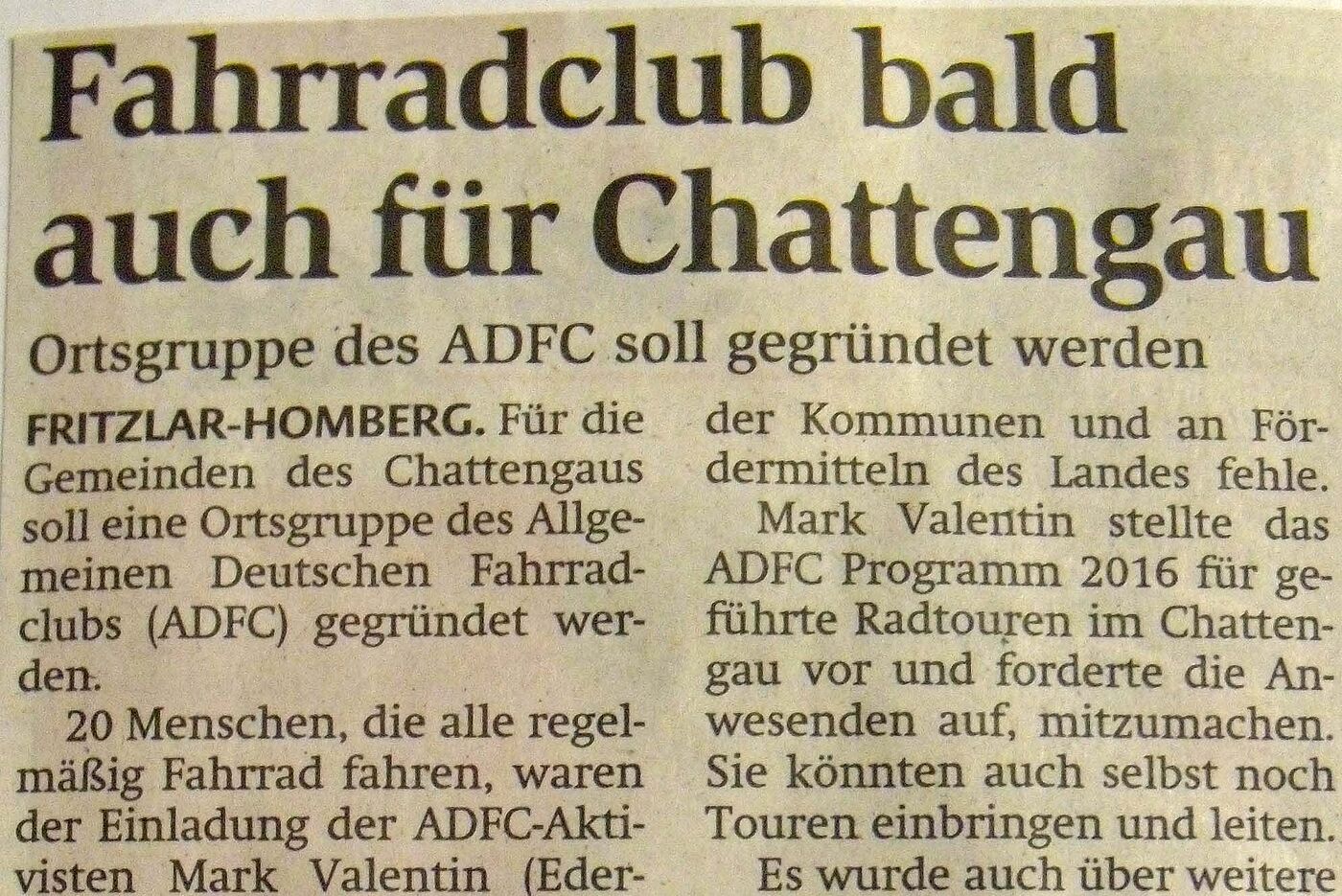 Artikel vor der Gründung der ADFC Ortsgruppe Chattengau.
