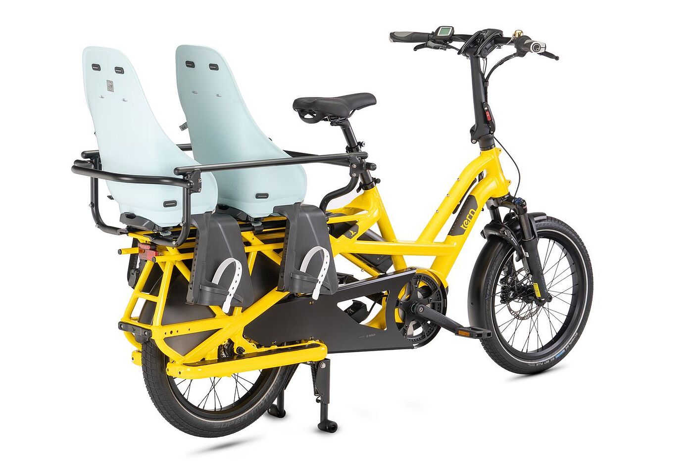 Longtail-Lastenrad von Tern mit zwei Kindersitzen Freisteller Longtail-Lastenrad von Tern mit zwei Kindersitzen